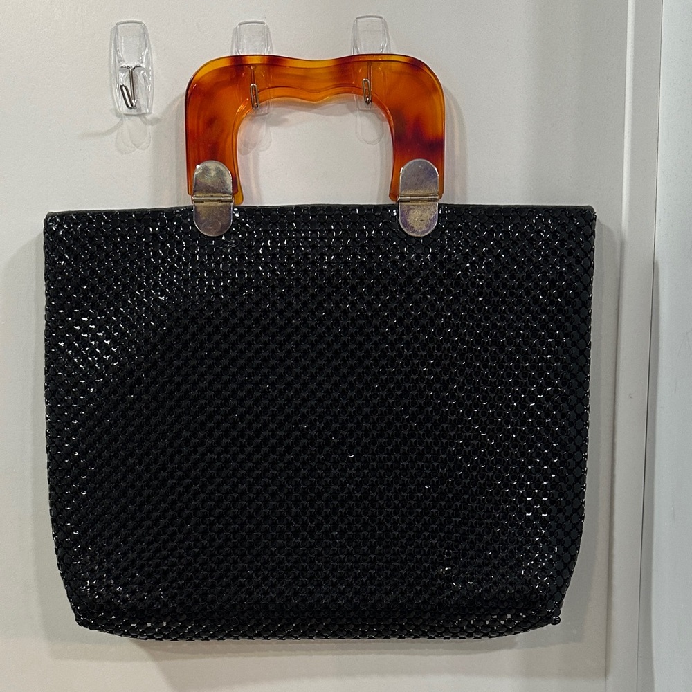 Vintage Black Mesh Tote Bag with Lucite Tortoise Shell Handles